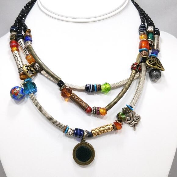 Chico's Three Strand Multicolored Charm Bead Boho Necklace, 20 Inches - Picture 2 of 8